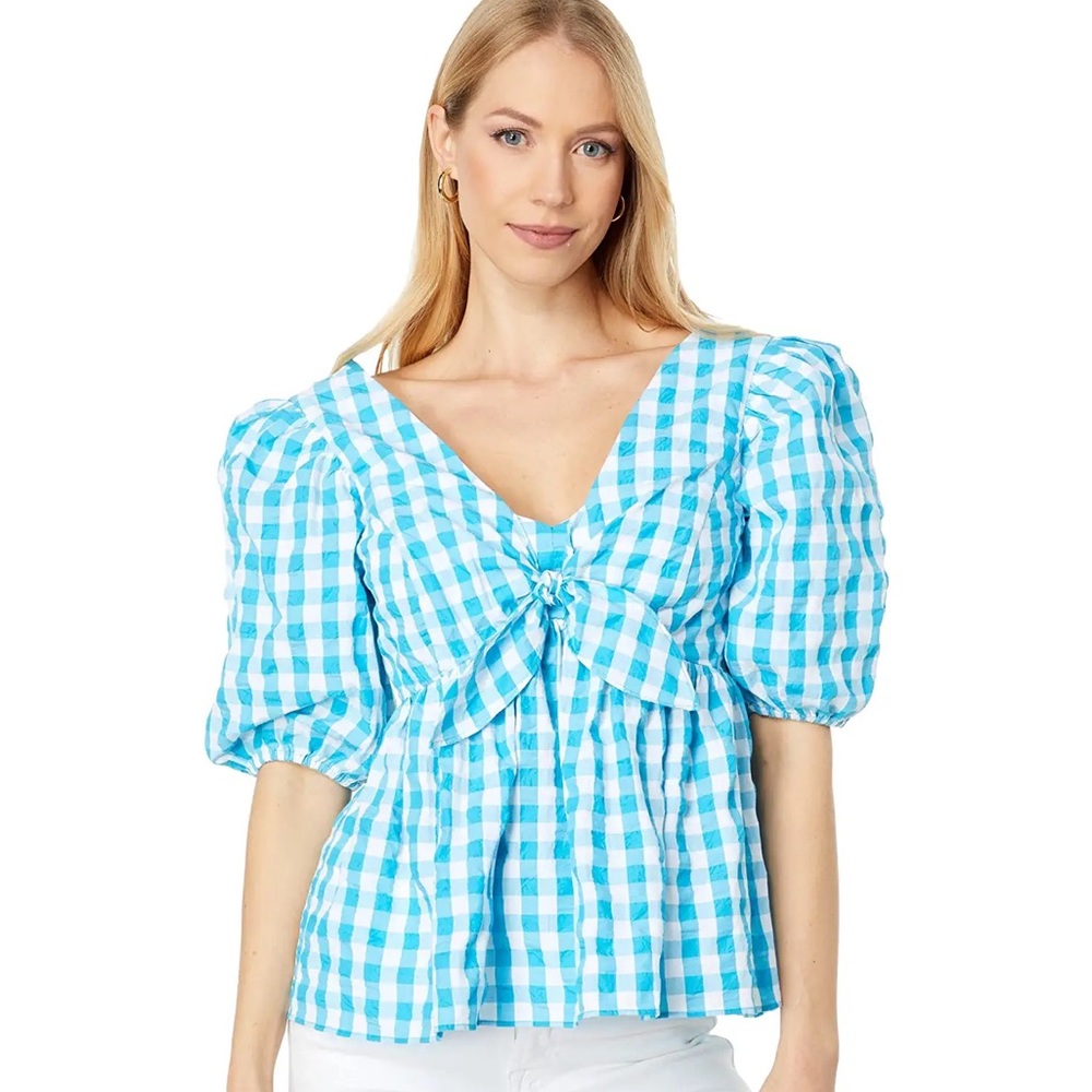 🐬 LILLY PULITZER SARAFINA TURQUOISE OASIS CRINKLE GINGHAM SHORT SLEEVE T…